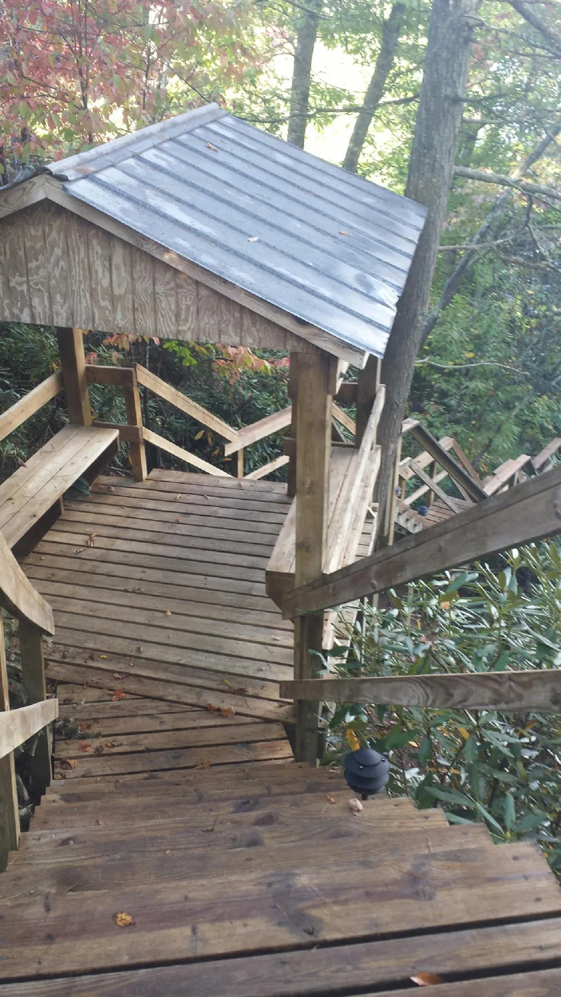Metal roofed shelter over wooden steps on a wooded walkway — Skylight Repair & Installation work by our crew in Lakeland